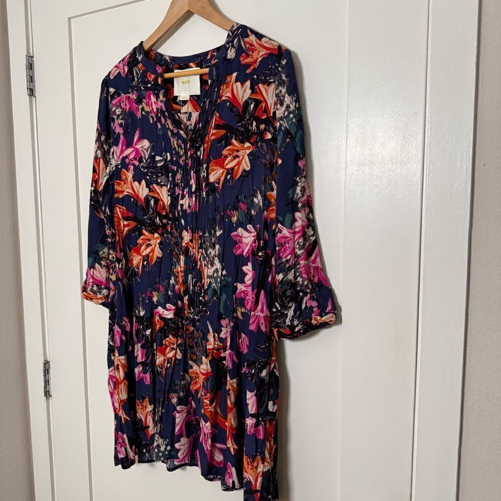 Maeve Tunic Dress Womens Sz L Purple Long Sleeve Pockets Buttons Floral Romantic - Picture 2 of 13